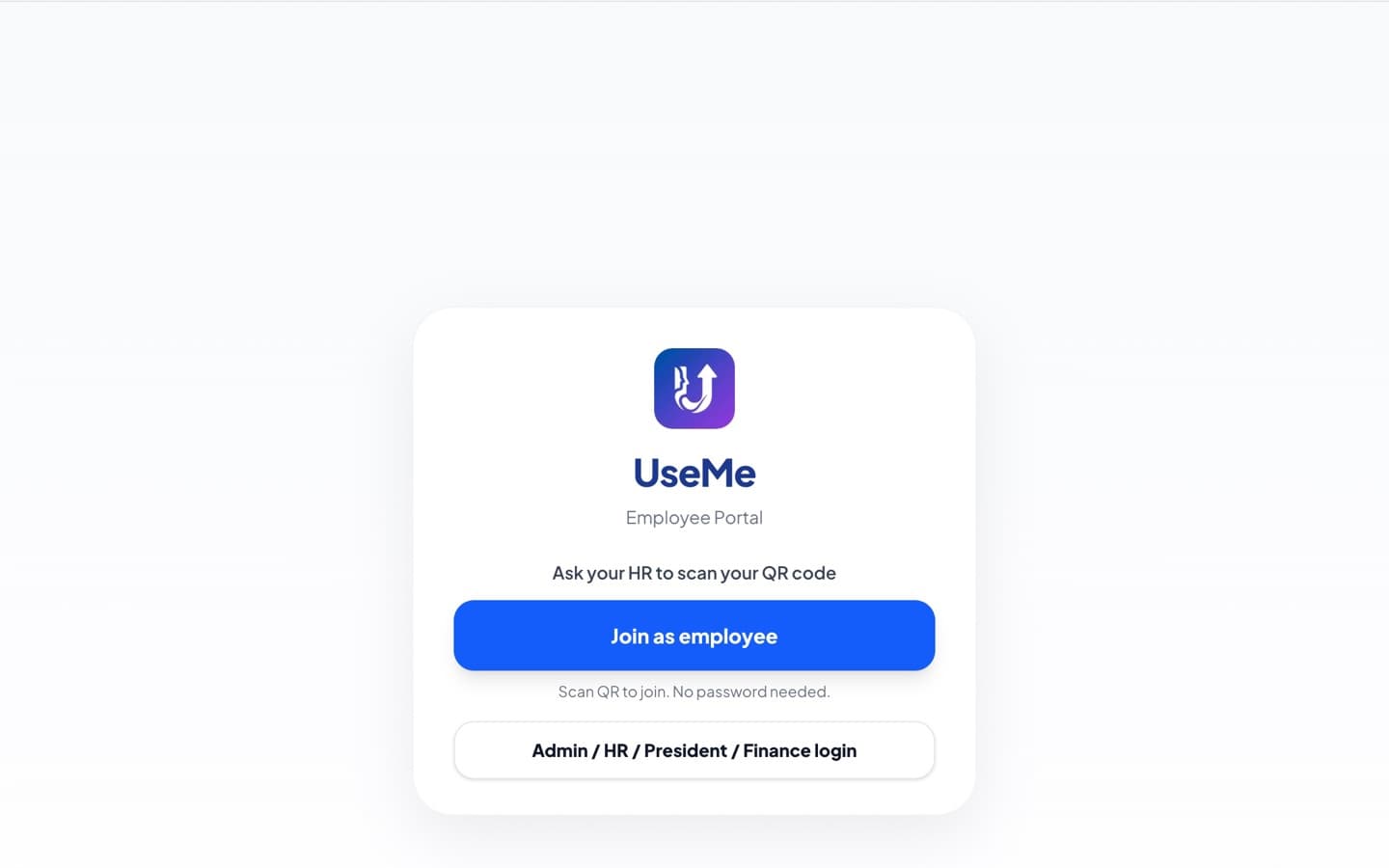 UseMe employee portal with QR onboarding and an HR, manager, and finance login
